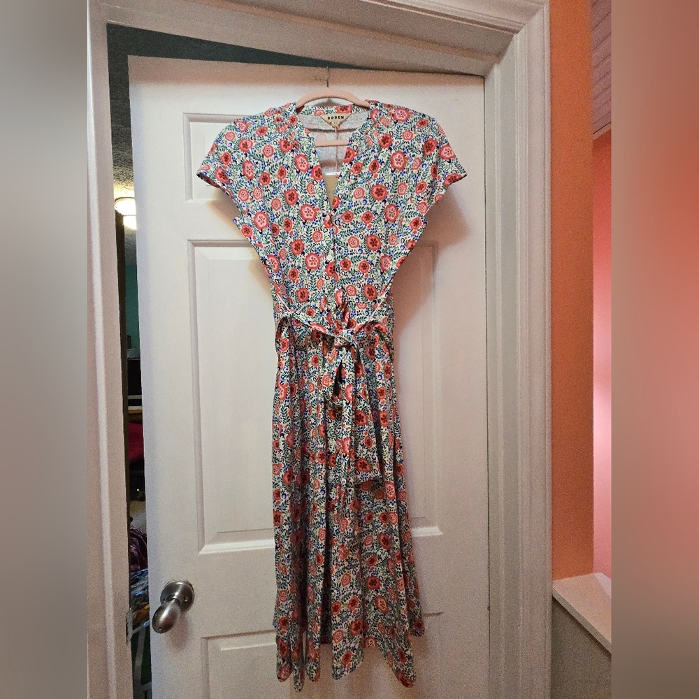 Boden Floral Midi Dress in Coral and Teal